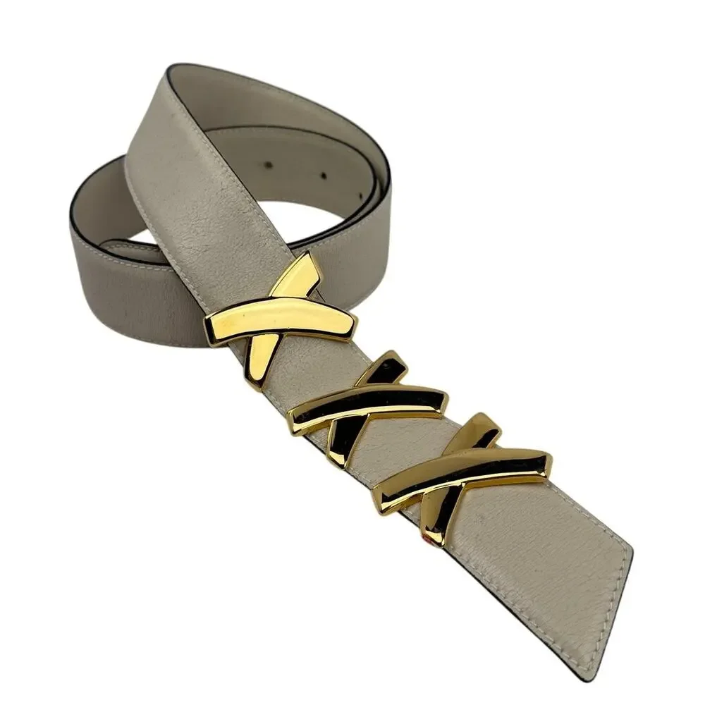 Vintage By Paloma Picasso Leather Belt Gold Triple X Hardware Cream Sz 75